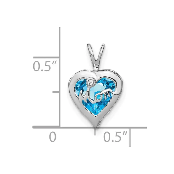 Goldia 14k White Gold Blue Topaz and Real Diamond MOM Heart Pendant Necklaces