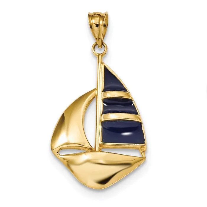 Goldia 14k Yellow Gold Polished Blue Enamel Sailboat Pendant Necklaces