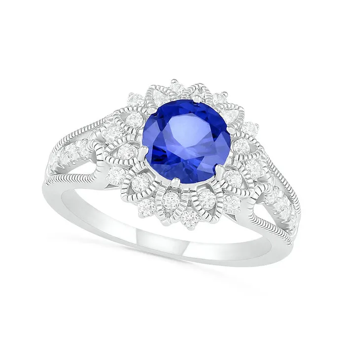 Goldia 70mm LabCreated Blue and White Sapphire Frame Triple Row Split Shank Antique VintageStyle Flower Ring in Sterling Silver Rings Goldia 70mm LabCreated Blue and White Sapphire Frame Triple Row Split Shank Antique VintageStyle Flower Ring in Sterling Silver Rings