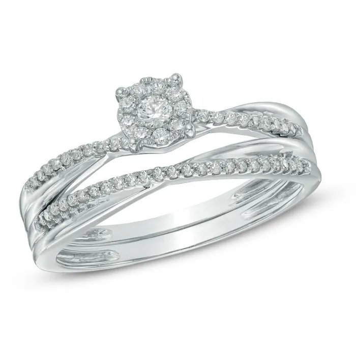 Goldiacom Rings 15 CT TW Diamond Cluster Frame CrissCross Bridal Engagement Ring Set in 14K White Gold Goldiacom Rings 15 CT TW Diamond Cluster Frame CrissCross Bridal Engagement Ring Set in 14K White Gold