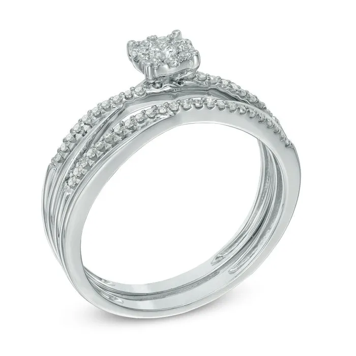 Goldiacom Rings 15 CT TW Diamond Cluster Frame CrissCross Bridal Engagement Ring Set in 14K White Gold