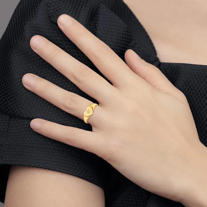 Goldiacom Rings 14K Yellow Gold 01ct Real Diamond 70x100mm Open Back Heart Signet Ring