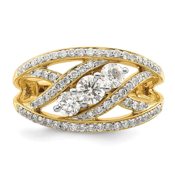 Goldiacom Rings 14K Yellow Gold Fancy 3stone Real Diamond Ring