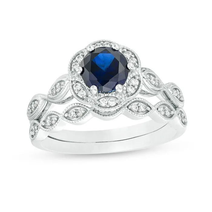 Goldiacom Rings 60mm LabCreated Blue Sapphire and 15 CT TW Diamond Frame Bridal Engagement Ring Set in 14K White Gold Goldiacom Rings 60mm LabCreated Blue Sapphire and 15 CT TW Diamond Frame Bridal Engagement Ring Set in 14K White Gold