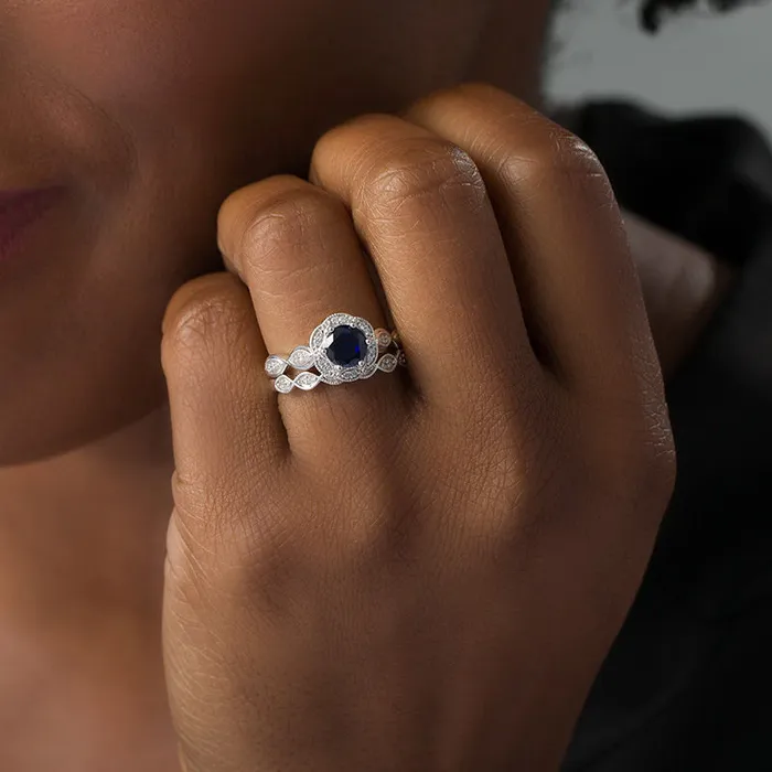 Goldiacom Rings 60mm LabCreated Blue Sapphire and 15 CT TW Diamond Frame Bridal Engagement Ring Set in 14K White Gold