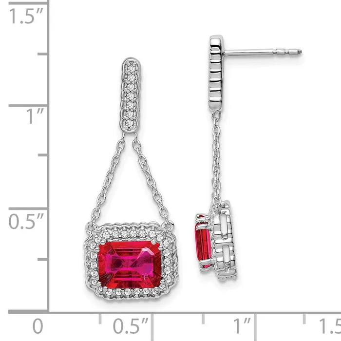 Goldia Earrings 14k White Gold Created Ruby and Real Diamond Dangle Earrings
