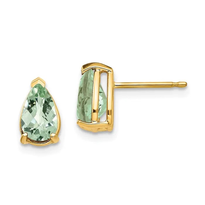 Goldia Earrings 14k Yellow Gold 8x5 Pear CheckerCut Green Quartz Earrings