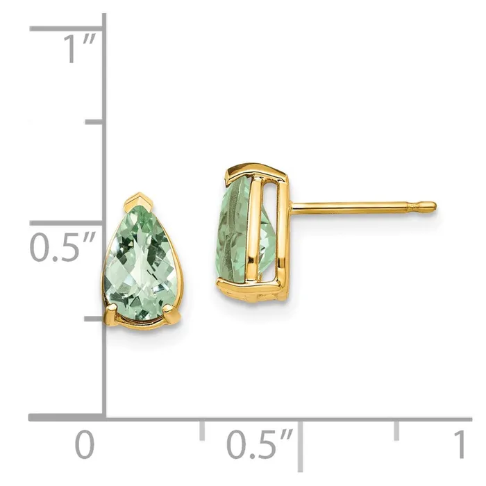 Goldia Earrings 14k Yellow Gold 8x5 Pear CheckerCut Green Quartz Earrings