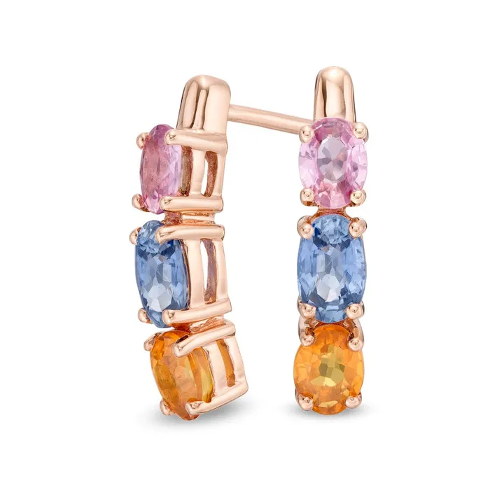 Goldia Earrings Oval MultiColor Sapphire Three Stone Curved Drop Earrings in 14K Rose Gold Goldia Earrings Oval MultiColor Sapphire Three Stone Curved Drop Earrings in 14K Rose Gold