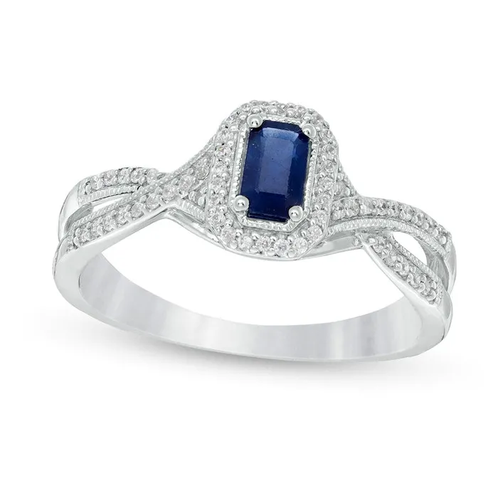 Goldia EmeraldCut Blue Sapphire and 013 CT TW Natural Diamond Frame Crossover Shank Antique VintageStyle Ring in Solid 10K White Gold Rings Goldia EmeraldCut Blue Sapphire and 013 CT TW Natural Diamond Frame Crossover Shank Antique VintageStyle Ring in Solid 10K White Gold Rings