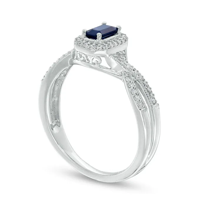 Goldia EmeraldCut Blue Sapphire and 013 CT TW Natural Diamond Frame Crossover Shank Antique VintageStyle Ring in Solid 10K White Gold Rings Goldia EmeraldCut Blue Sapphire and 013 CT TW Natural Diamond Frame Crossover Shank Antique VintageStyle Ring in Solid 10K White Gold Rings