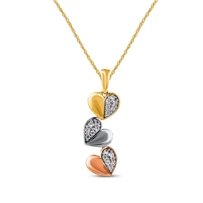 Goldia Necklaces 017 CT TW Natural Diamond Heart Trio Pendant in 10K TriTone Gold Goldia Necklaces 017 CT TW Natural Diamond Heart Trio Pendant in 10K TriTone Gold