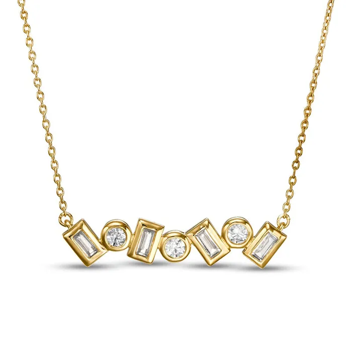 Goldia Necklaces 05 CT TW Baguette and Round Natural Diamond Alternating Bar Necklace in 10K Yellow Gold Goldia Necklaces 05 CT TW Baguette and Round Natural Diamond Alternating Bar Necklace in 10K Yellow Gold