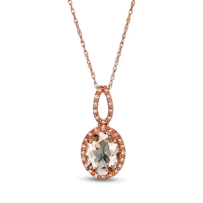 Goldia Necklaces Oval Morganite and 01 CT TW Natural Diamond Frame Doorknocker Pendant in 10K Rose Gold Goldia Necklaces Oval Morganite and 01 CT TW Natural Diamond Frame Doorknocker Pendant in 10K Rose Gold