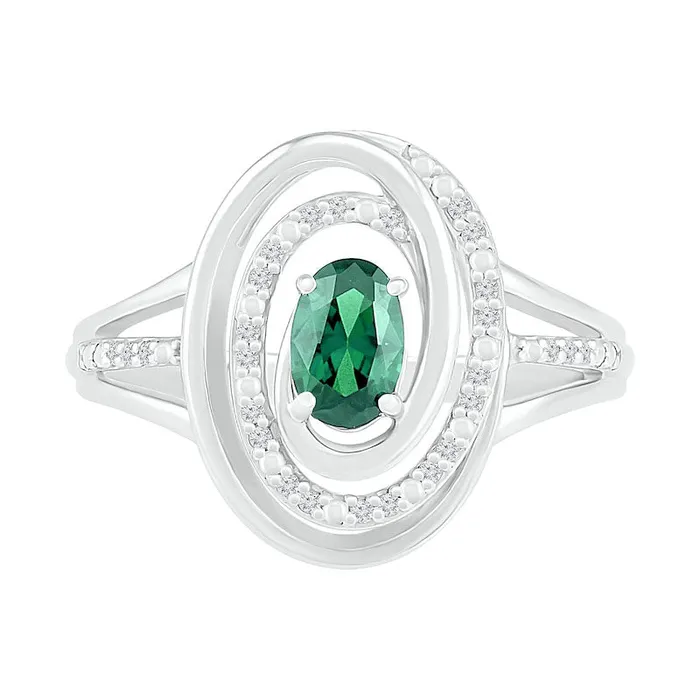 Goldia Oval Emerald and 007 CT TW Natural Diamond Beaded Open Swirl Frame Triple Row Split Shank Ring in Sterling Silver Rings Goldia Oval Emerald and 007 CT TW Natural Diamond Beaded Open Swirl Frame Triple Row Split Shank Ring in Sterling Silver Rings
