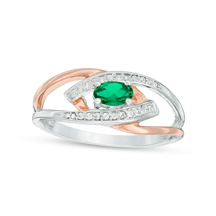 Goldia Oval LabCreated Emerald and Diamond Accent Split Shank Ring in Sterling Silver and Solid 10K Rose Gold Rings Goldia Oval LabCreated Emerald and Diamond Accent Split Shank Ring in Sterling Silver and Solid 10K Rose Gold Rings