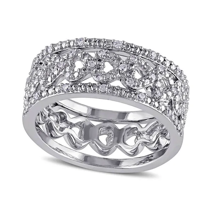 Goldia Rings 013 CT TW Natural Diamond Heart Three Piece Stackable Band Set in Sterling Silver Goldia Rings 013 CT TW Natural Diamond Heart Three Piece Stackable Band Set in Sterling Silver