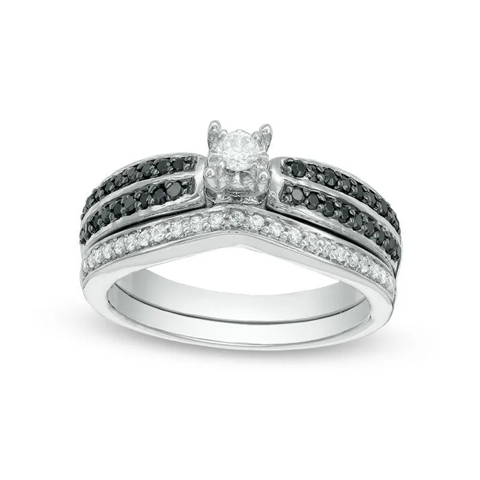 Goldia Rings 050 CT TW Enhanced Black and White Natural Diamond Double Row Bridal Engagement Ring Set in Sterling Silver Goldia Rings 050 CT TW Enhanced Black and White Natural Diamond Double Row Bridal Engagement Ring Set in Sterling Silver