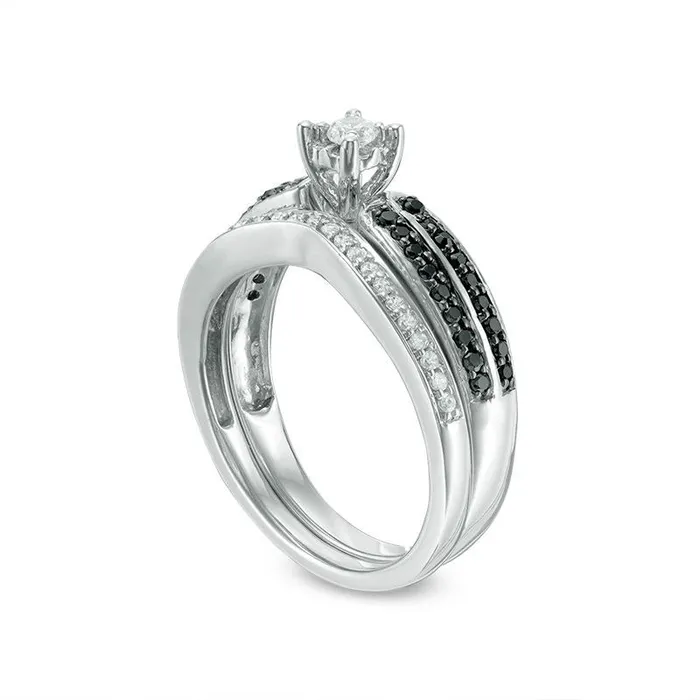 Goldia Rings 050 CT TW Enhanced Black and White Natural Diamond Double Row Bridal Engagement Ring Set in Sterling Silver Goldia Rings 050 CT TW Enhanced Black and White Natural Diamond Double Row Bridal Engagement Ring Set in Sterling Silver