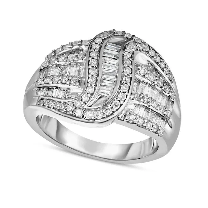 Goldia Rings 088 CT TW Baguette and Round Natural Diamond Crossover Wave Ring in Sterling Silver Goldia Rings 088 CT TW Baguette and Round Natural Diamond Crossover Wave Ring in Sterling Silver