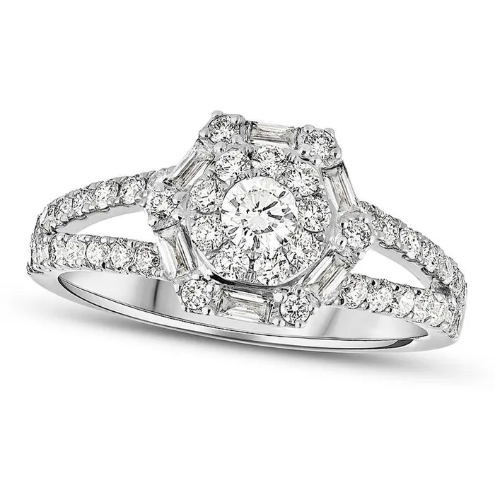 Goldia Rings 10 CT TW Natural Diamond Hexagonal Frame Split Shank Engagement Ring in Solid 18K White Gold Goldia Rings 10 CT TW Natural Diamond Hexagonal Frame Split Shank Engagement Ring in Solid 18K White Gold