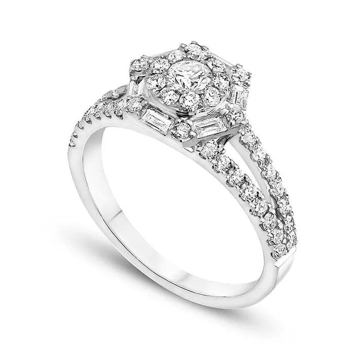 Goldia Rings 10 CT TW Natural Diamond Hexagonal Frame Split Shank Engagement Ring in Solid 18K White Gold Goldia Rings 10 CT TW Natural Diamond Hexagonal Frame Split Shank Engagement Ring in Solid 18K White Gold