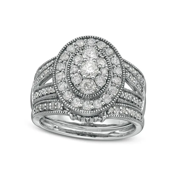 Goldia Rings 15 CT TW Composite Oval Natural Diamond Frame Antique VintageStyle Split Shank Three Piece Bridal Engagement Ring Set in Solid 10K White Gold Goldia Rings 15 CT TW Composite Oval Natural Diamond Frame Antique VintageStyle Split Shank Three Piece Bridal Engagement Ring Set in Solid 10K White Gold