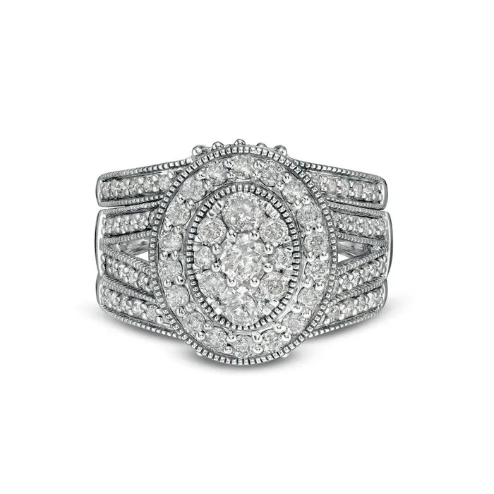 Goldia Rings 15 CT TW Composite Oval Natural Diamond Frame Antique VintageStyle Split Shank Three Piece Bridal Engagement Ring Set in Solid 10K White Gold Goldia Rings 15 CT TW Composite Oval Natural Diamond Frame Antique VintageStyle Split Shank Three Piece Bridal Engagement Ring Set in Solid 10K White Gold