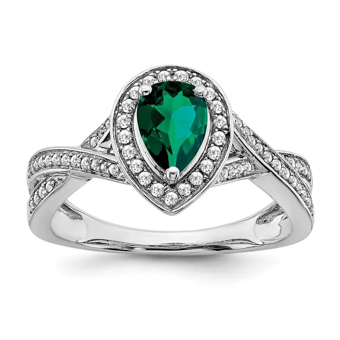 Goldia Rings 14k White Gold Pear Created Emerald and Real Diamond Halo Ring