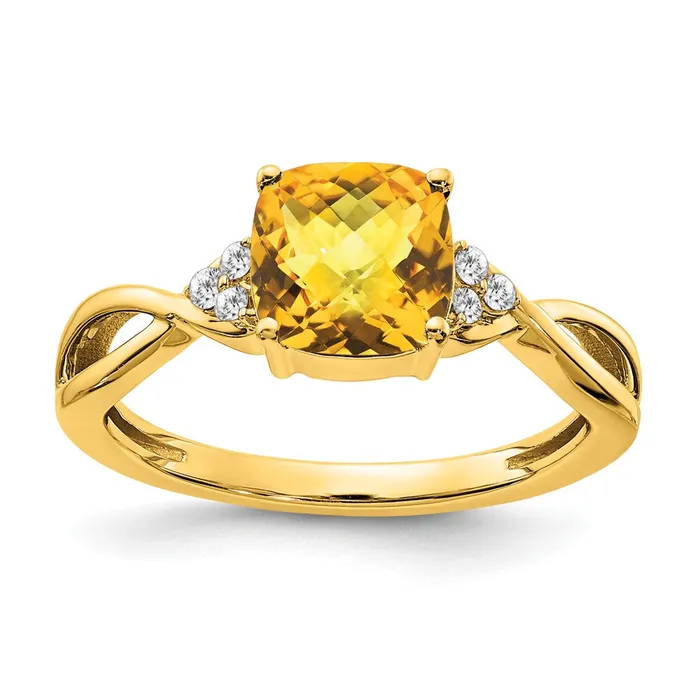 Goldia Rings 14K Yellow Gold Checkerboard Citrine and Real Diamond Ring
