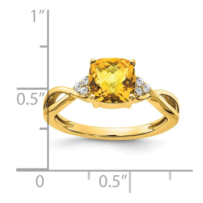 Goldia Rings 14K Yellow Gold Checkerboard Citrine and Real Diamond Ring