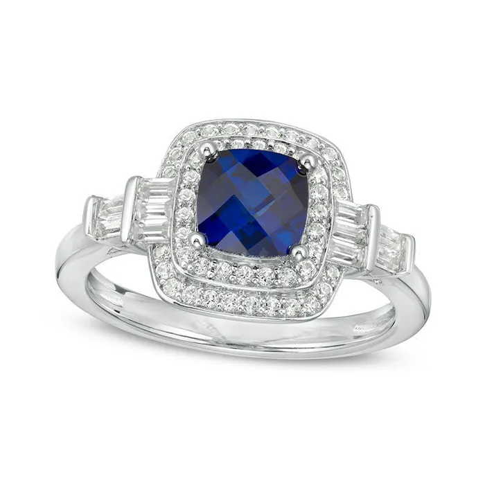 Goldia Rings 60mm CushionCut LabCreated Blue and White Sapphire Double Frame Art Deco Ring in Sterling Silver Goldia Rings 60mm CushionCut LabCreated Blue and White Sapphire Double Frame Art Deco Ring in Sterling Silver