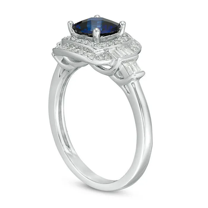 Goldia Rings 60mm CushionCut LabCreated Blue and White Sapphire Double Frame Art Deco Ring in Sterling Silver Goldia Rings 60mm CushionCut LabCreated Blue and White Sapphire Double Frame Art Deco Ring in Sterling Silver