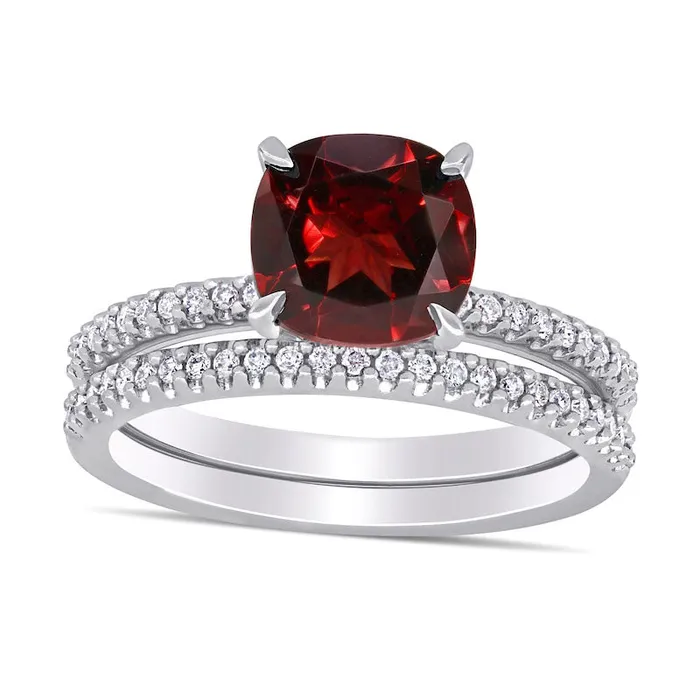 Goldia Rings 80mm CushionCut Garnet and 025 CT TW Natural Diamond Bridal Engagement Ring Set in Solid 14K White Gold Goldia Rings 80mm CushionCut Garnet and 025 CT TW Natural Diamond Bridal Engagement Ring Set in Solid 14K White Gold