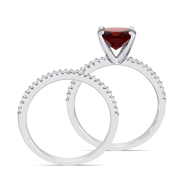 Goldia Rings 80mm CushionCut Garnet and 025 CT TW Natural Diamond Bridal Engagement Ring Set in Solid 14K White Gold Goldia Rings 80mm CushionCut Garnet and 025 CT TW Natural Diamond Bridal Engagement Ring Set in Solid 14K White Gold