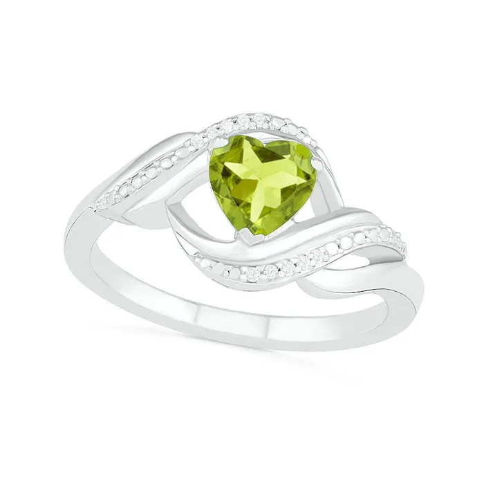 Goldia Rings HeartShaped Peridot and Natural Diamond Accent Ribbon Ring in Sterling Silver Goldia Rings HeartShaped Peridot and Natural Diamond Accent Ribbon Ring in Sterling Silver