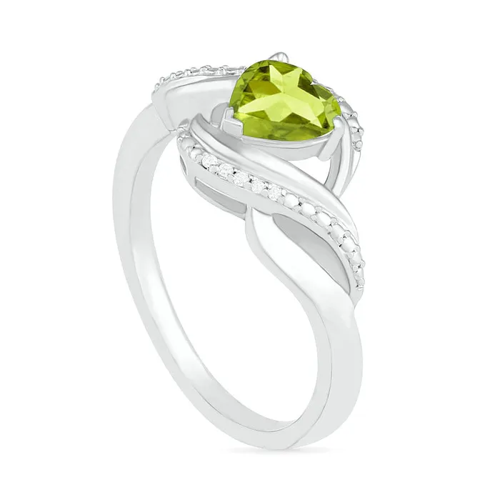 Goldia Rings HeartShaped Peridot and Natural Diamond Accent Ribbon Ring in Sterling Silver Goldia Rings HeartShaped Peridot and Natural Diamond Accent Ribbon Ring in Sterling Silver