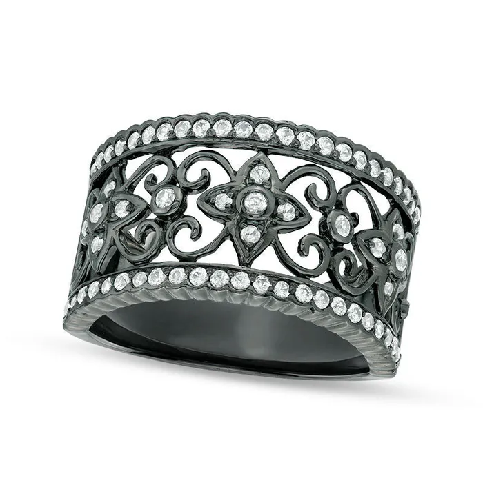Goldia Rings LabCreated White Sapphire Ornate Scroll and Flowers Ring in Sterling Silver with Black Rhodium Goldia Rings LabCreated White Sapphire Ornate Scroll and Flowers Ring in Sterling Silver with Black Rhodium