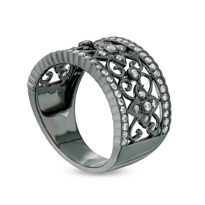 Goldia Rings LabCreated White Sapphire Ornate Scroll and Flowers Ring in Sterling Silver with Black Rhodium