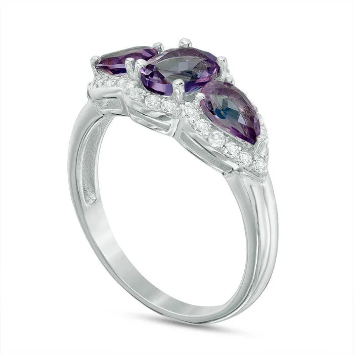Goldia Rings Oval and PearShaped Amethyst and White Topaz Frame Three Stone Ring in Sterling Silver Goldia Rings Oval and PearShaped Amethyst and White Topaz Frame Three Stone Ring in Sterling Silver