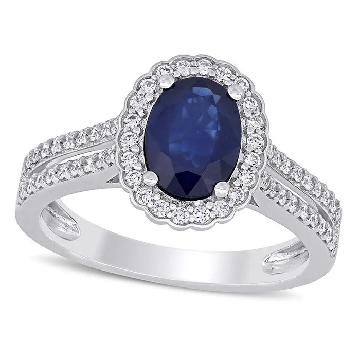 Goldia Rings Oval Blue Sapphire and 033 CT TW Natural Diamond Scallop Frame Double Row Ring in Solid 14K White Gold Goldia Rings Oval Blue Sapphire and 033 CT TW Natural Diamond Scallop Frame Double Row Ring in Solid 14K White Gold
