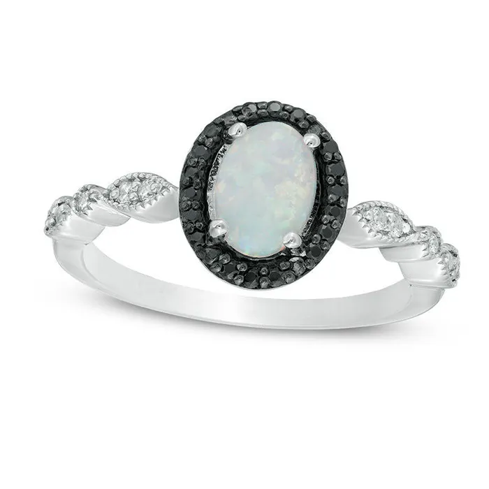 Goldia Rings Oval LabCreated Opal and 013 CT TW Enhanced Black and White Diamond Frame Ring in Sterling Silver Goldia Rings Oval LabCreated Opal and 013 CT TW Enhanced Black and White Diamond Frame Ring in Sterling Silver