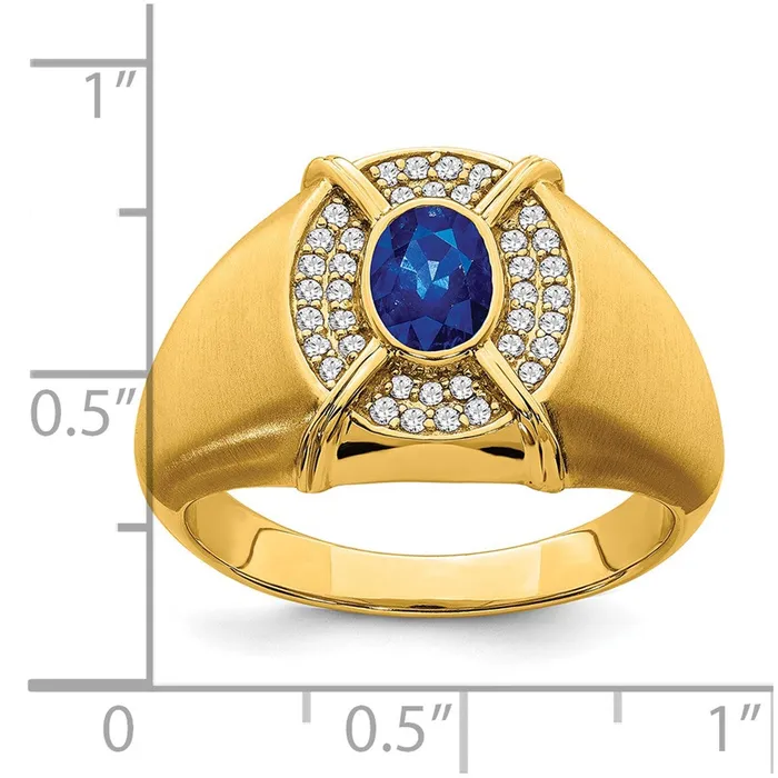 Goldia Rings Solid 14k Yellow Gold Simulated Sapphire and CZ Mens Ring