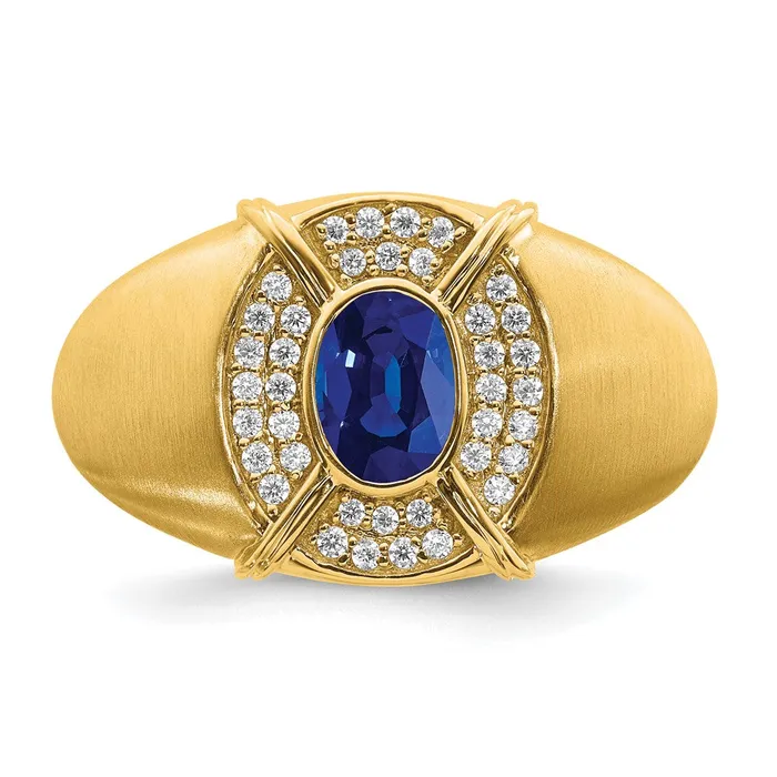 Goldia Rings Solid 14k Yellow Gold Simulated Sapphire and CZ Mens Ring