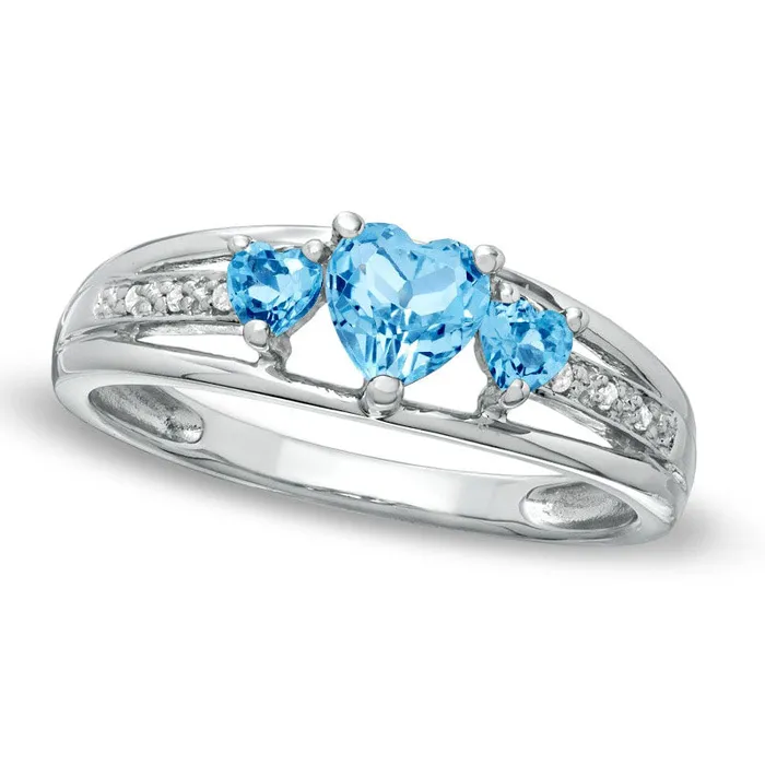 HeartShaped Blue Topaz and Natural Diamond Accent Three Stone Promise Ring in Solid 10K White Gold Goldia Rings HeartShaped Blue Topaz and Natural Diamond Accent Three Stone Promise Ring in Solid 10K White Gold Goldia Rings