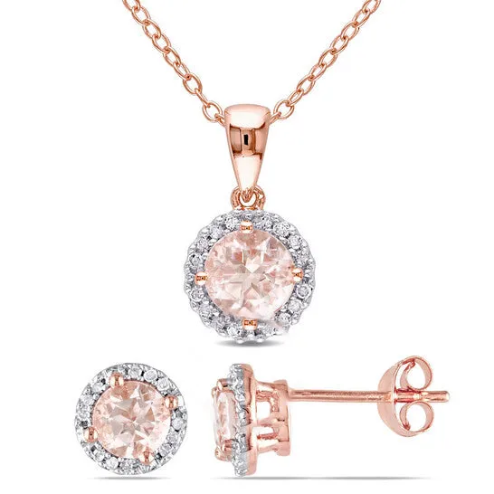 JMS always Original AMOUR 2pc Set Of Morganite and 16 CT TW Diamond Halo Stud Earrings and Necklace In Rose Plated Sterling Silver Earrings JMS always Original AMOUR 2pc Set Of Morganite and 16 CT TW Diamond Halo Stud Earrings and Necklace In Rose Plated Sterling Silver Earrings