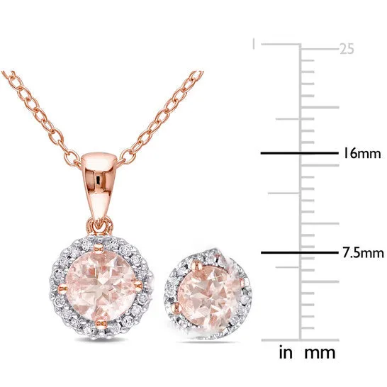 JMS always Original AMOUR 2pc Set Of Morganite and 16 CT TW Diamond Halo Stud Earrings and Necklace In Rose Plated Sterling Silver Earrings JMS always Original AMOUR 2pc Set Of Morganite and 16 CT TW Diamond Halo Stud Earrings and Necklace In Rose Plated Sterling Silver Earrings