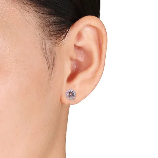 JMS always Original AMOUR 2pc Set Of Morganite and 16 CT TW Diamond Halo Stud Earrings and Necklace In Rose Plated Sterling Silver Earrings JMS always Original AMOUR 2pc Set Of Morganite and 16 CT TW Diamond Halo Stud Earrings and Necklace In Rose Plated Sterling Silver Earrings