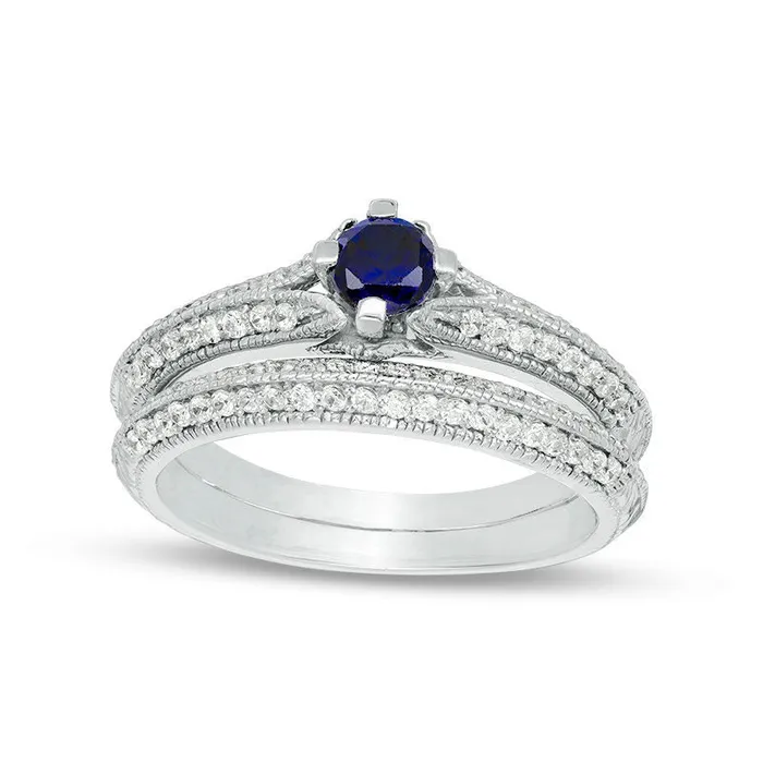LabCreated Blue Sapphire and 033 CT TW Diamond Antique VintageStyle Bridal Engagement Ring Set in Solid 10K White Gold Goldia Rings LabCreated Blue Sapphire and 033 CT TW Diamond Antique VintageStyle Bridal Engagement Ring Set in Solid 10K White Gold Goldia Rings