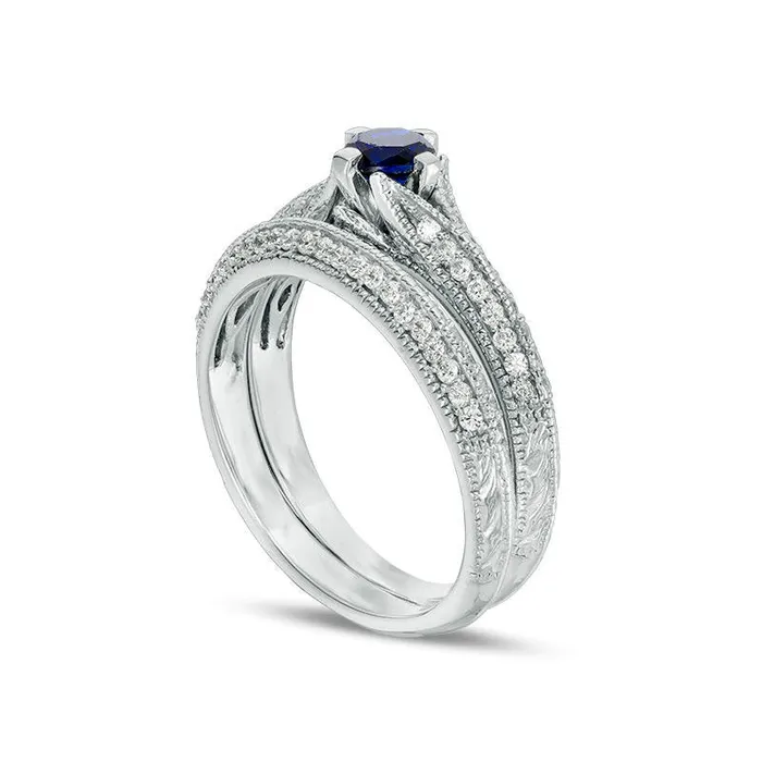 LabCreated Blue Sapphire and 033 CT TW Diamond Antique VintageStyle Bridal Engagement Ring Set in Solid 10K White Gold Goldia Rings LabCreated Blue Sapphire and 033 CT TW Diamond Antique VintageStyle Bridal Engagement Ring Set in Solid 10K White Gold Goldia Rings